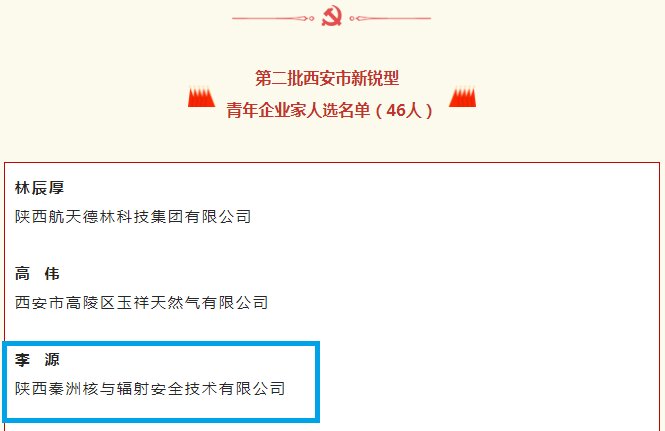 交大科技园企业陕西秦洲核与辐射安全技术有限公司总经理李源入选第二批西安市新锐型青年企业家